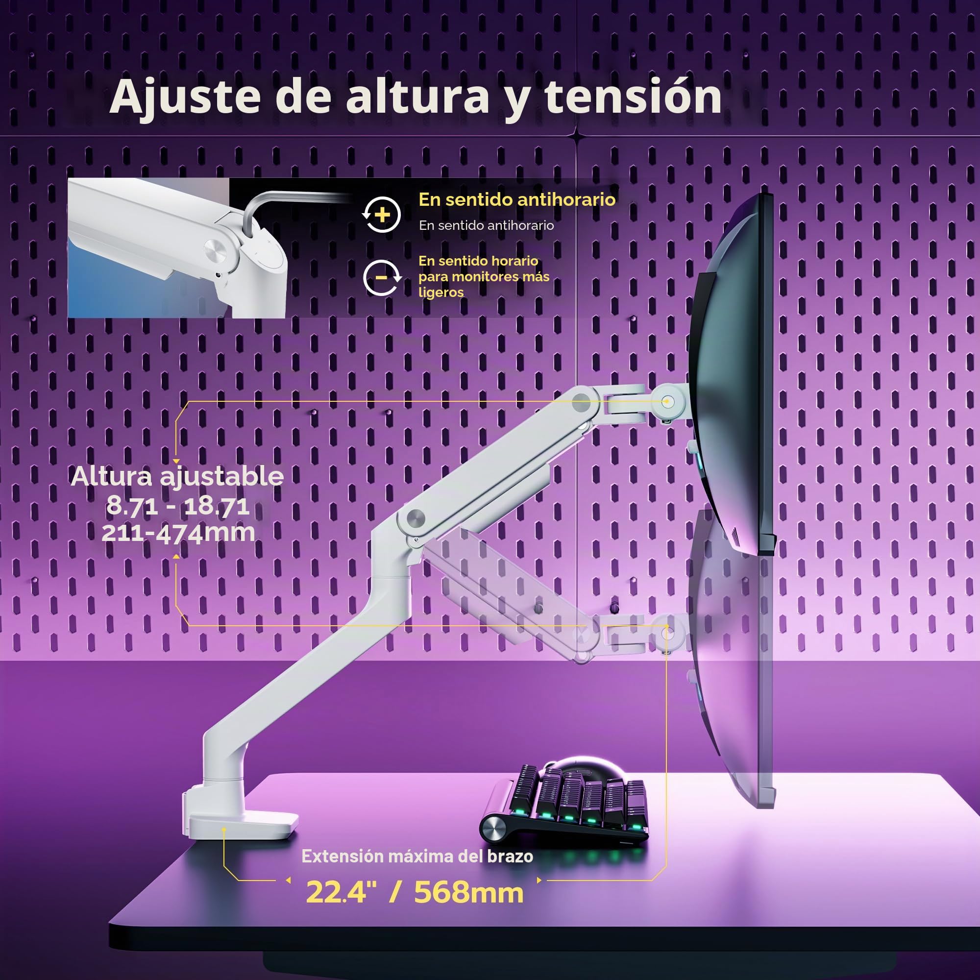 ARES WING Soporte Monitor para Pantallas 17-49", Brazo Monitor Carga 20 kg, VESA 75/100 mm, Blanco