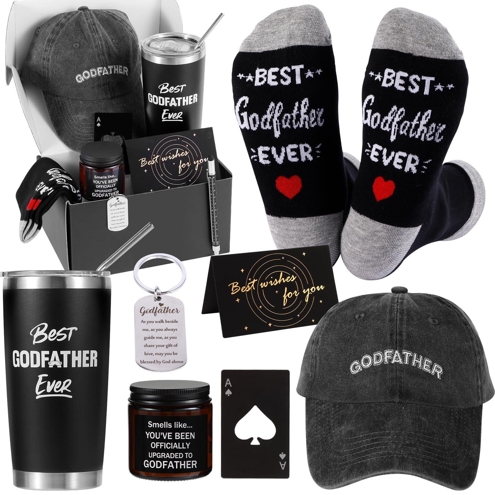 SAIWEILAI ONLINE 9 Pieces Godfather Gift Set Best Godfather Gifts for Men with Tumbler Mens Socks Mens Baseball Cap Key Chain Card for God Father Uncle for Christmas, Birthday