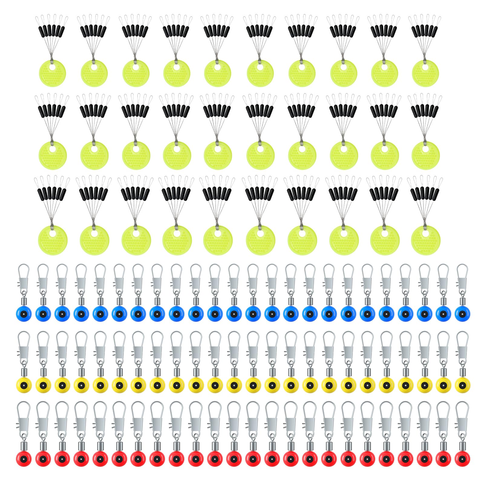 MIPIACE 180 Pcs Rubber Stoppers Fishing 6 in 1 Fishing Float Stops for 0.148-0.37mm And 30 Fishing Swivels Snaps, Line Stoppers Fishing for Fishing Size S/M/L