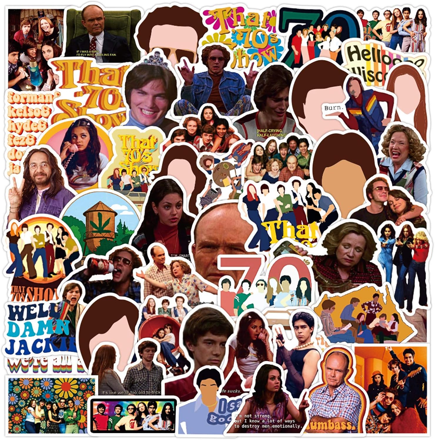 That '70s Show Stickers 50pcs FUUNY TV Water Bottles, Laptop Stickers Aesthetic Waterproof Trendy Stickers for Skateboard Guitar Bike Travel Case Stickers for Girls Teens (That '70s Show)