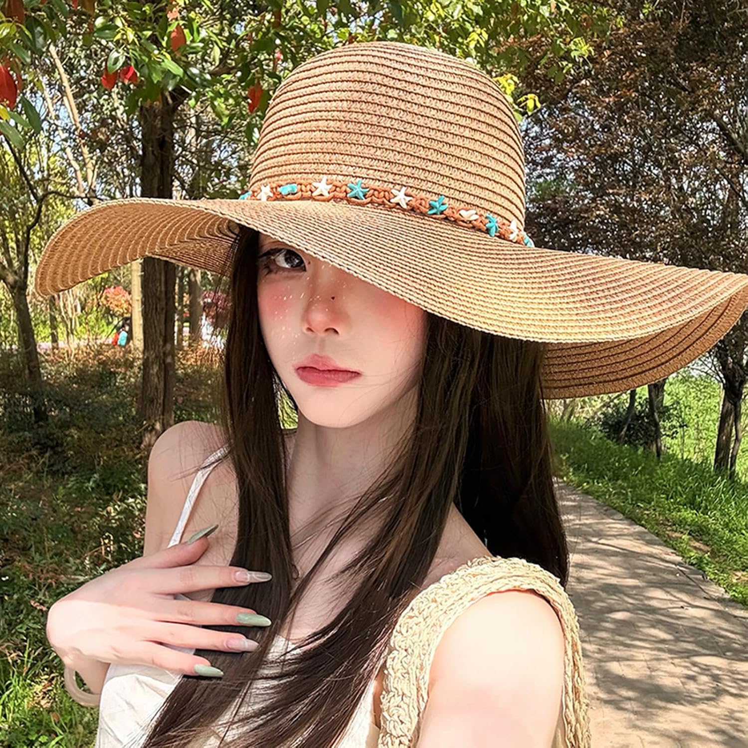 Beach Sun Straw Hats for Women Foldable Floppy Wide Brim Sun Hat Summer Shell Starfish Travel Straw Fedora Hat image 2