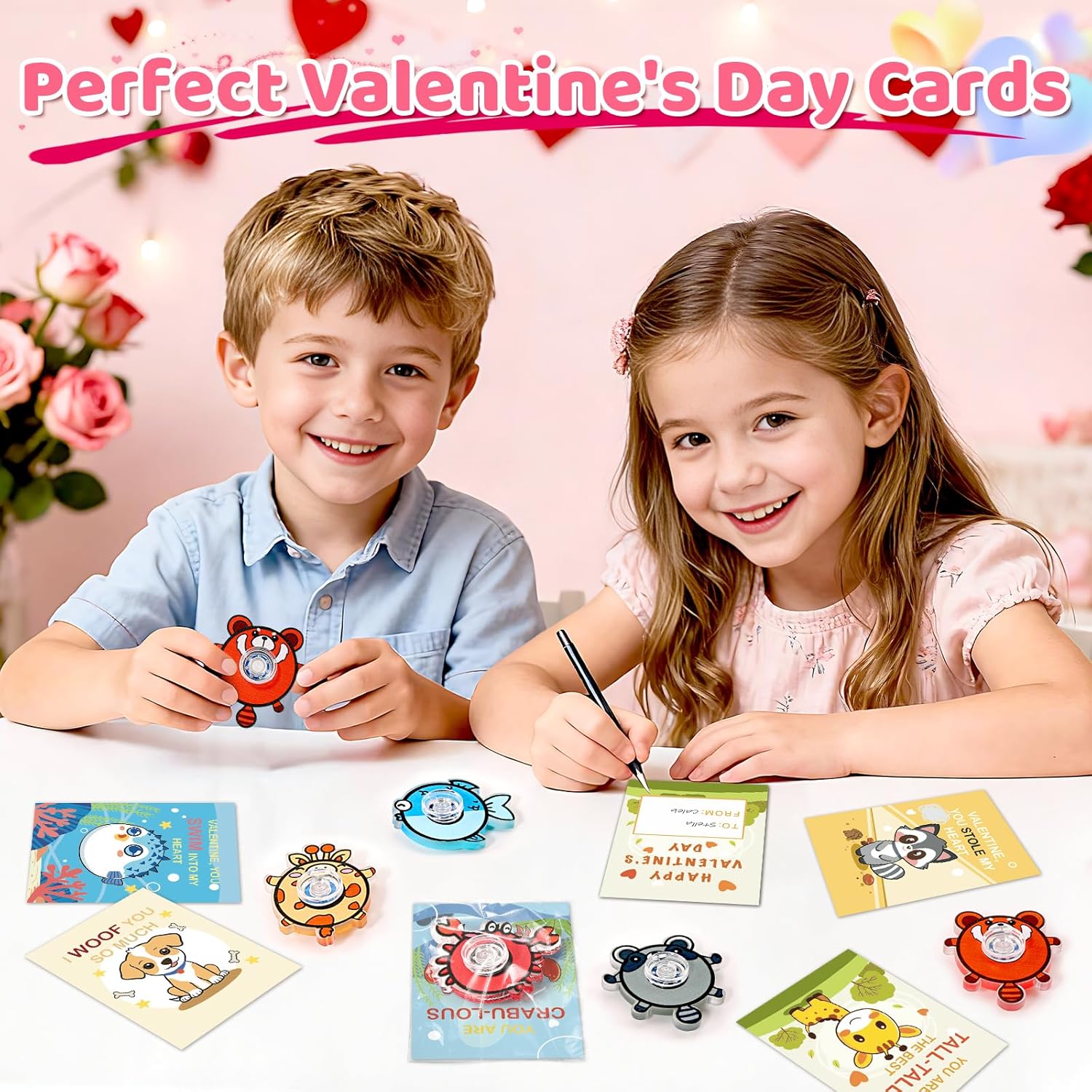 24 Pack Valentines Day Cards for Kids, Animal Fidget Spinner Toys with Greeting Cards, Valentine's Day Gifts for Kids, Valentine Kids Party Favor, School Classroom Exchange Prizes for Boys Girls