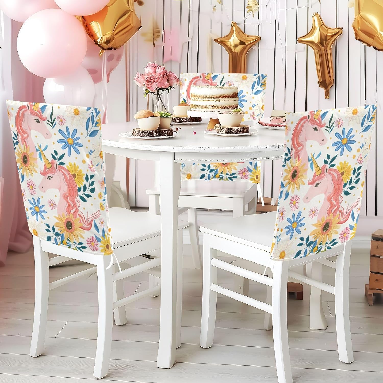 ALAZA Unicorn and Daisy Flowers Chair Back Cover Set of 6, Washable Reusable Removable Chair Slipcovers Decorative Chair Cover for Home Kitchen Wedding Party