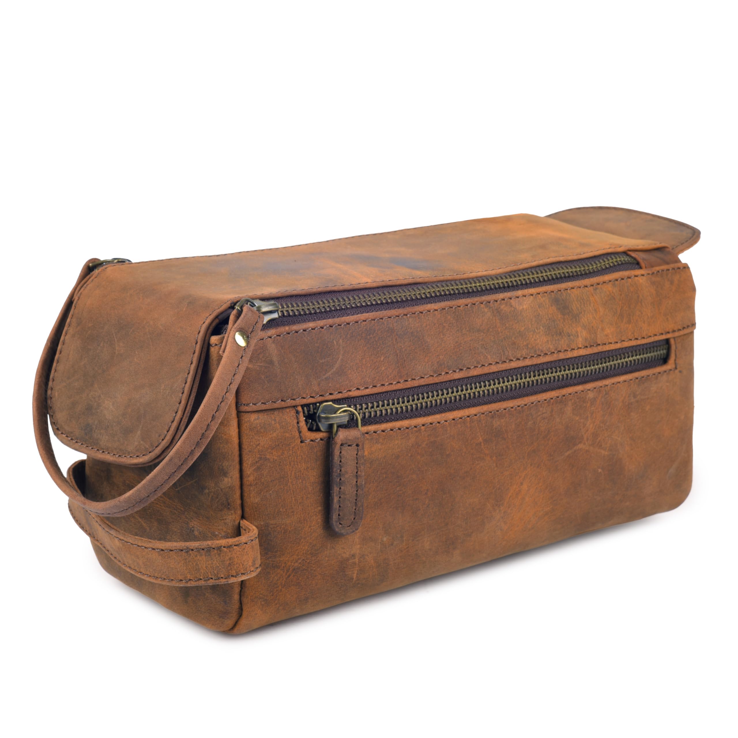 Rasavi Reise-Kulturbeutel aus echtem Leder für Damen und Herren, handgefertigt, Vintage-Stil, wasserabweisend, für Rasur und Badezimmer, Used-Look, Braun
