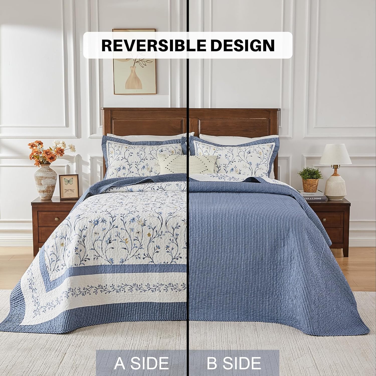 Oversized Quilt Bedspread Coverlet Set, 128"x120" 100% Cotton California King Quilt, Botanical Pattern, Lightweight Quilted Reversible Bedding Set with 2 Pillow Shams, Blue/Yellow - Image 9