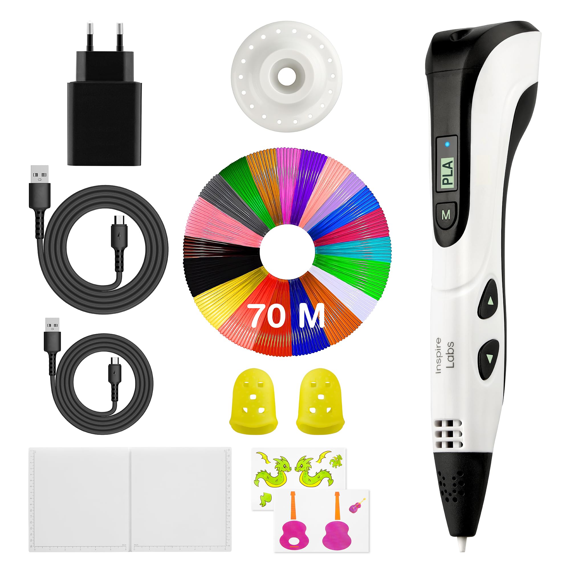 3D-Stift Inspire Labs, Kreativität und Spaß für Kinder und Erwachsene mit sicherem Abschalten, Silikonbasis, automatischer/manueller Modus, 70 M PLA-Filament (14 Farben) + Anleitung auf Deutsch