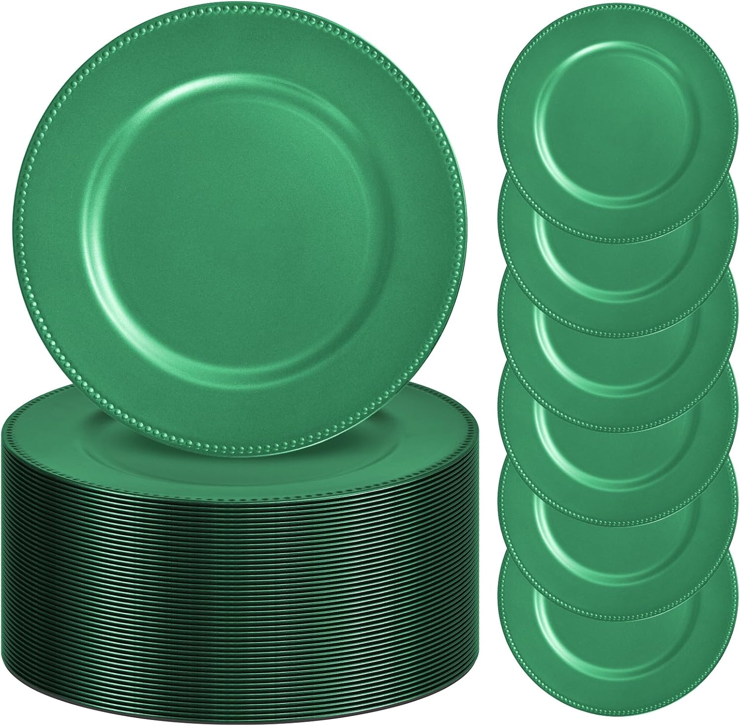 50 Pack Charger Plates 13" Plastic Round Charger Plates Dinner Plate With Beaded for Wedding Table Dinner Kitchen Catering Event Party Decoration (Green) 50 pack Green