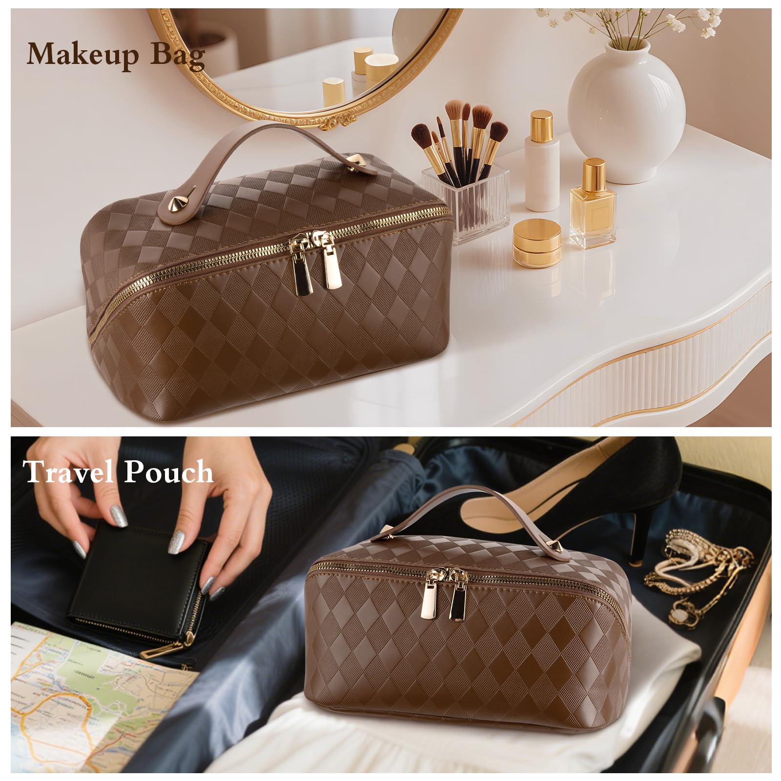 Abiudeng Travel Makeup Bag, Large Capacity Waterproof Cosmetic Organizer