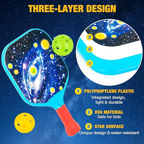 Miniatura 4 de Juego de 2 palas de pickleball para niños, diseño ligero, agarre pequeño para un fácil control, juegos al aire libre e interiores para niños de 4 a