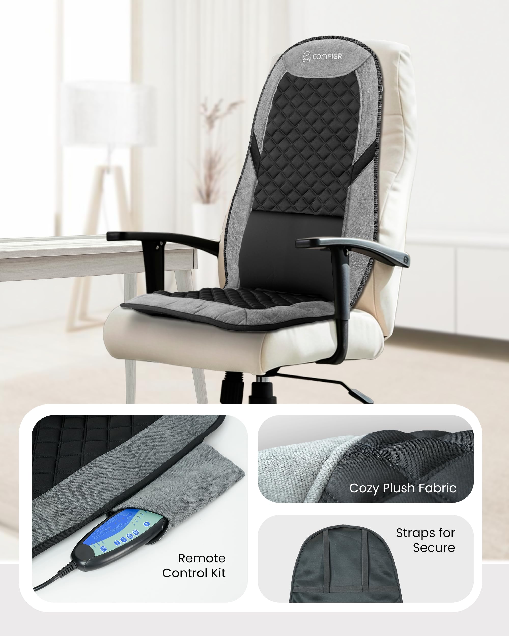 COMFIER Masajeador Cervical y Espalda con Calor, Funda de Asiento de Masaje con 5 Modos de Vibración, 3 Intensidades, 3 Temporizadores para Aliviar el Dolor de Espalda, Regalos para Mujeres