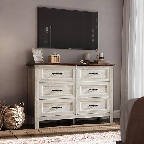 Miniatura 6 de LINSY HOME Cómoda de 6 cajones estilo granja, cómoda de madera blanca para dormitorio, cómoda ancha de almacenamiento, doble organizador para