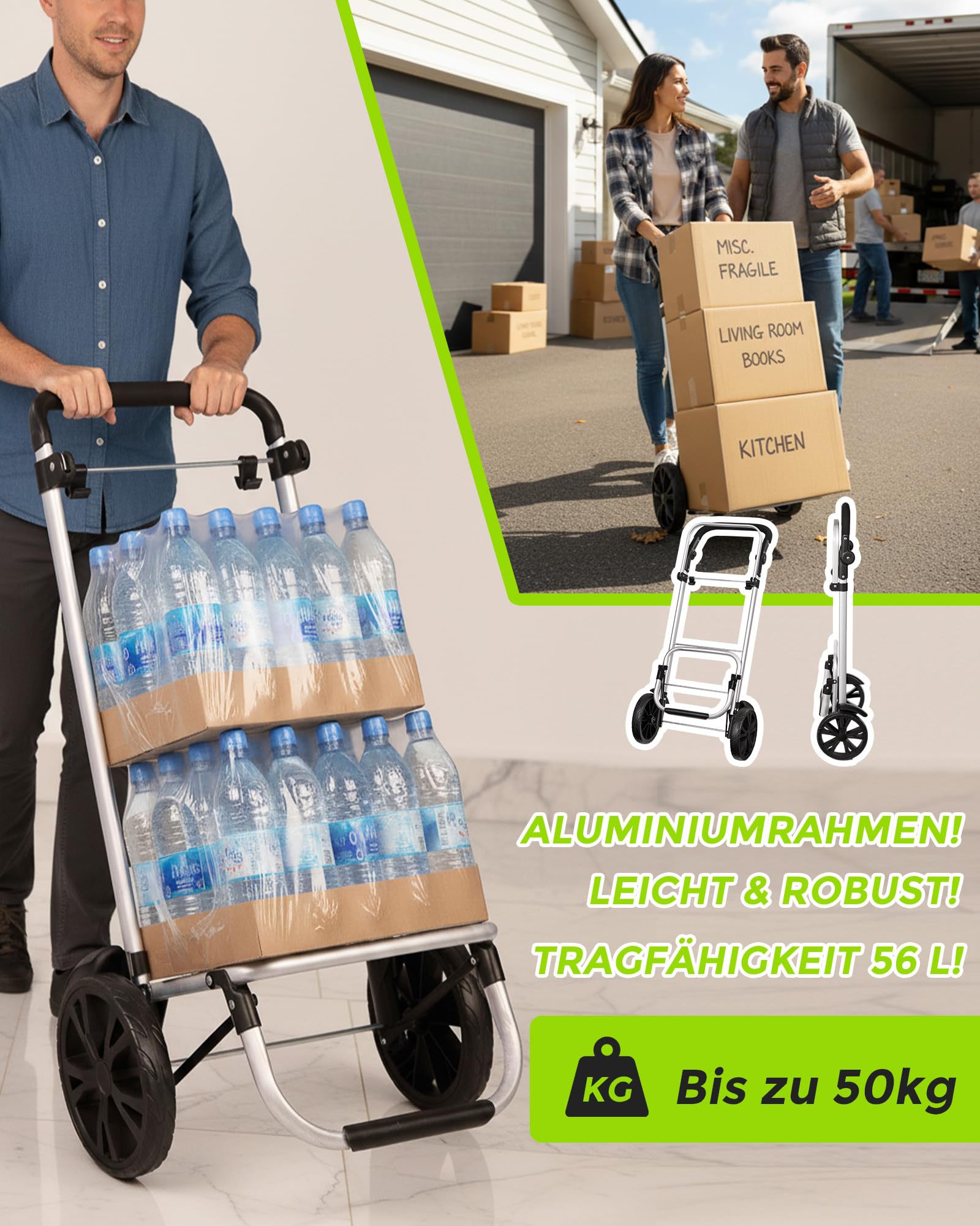 Oak & Tea Einkaufstrolley Klappbar 56L mit Kühlfach – 50kg Traglast Hackenporsche Aluminium, leise Räder, wasserdichter Oxford-Stoff, Isoliertasche Shopping Trolley