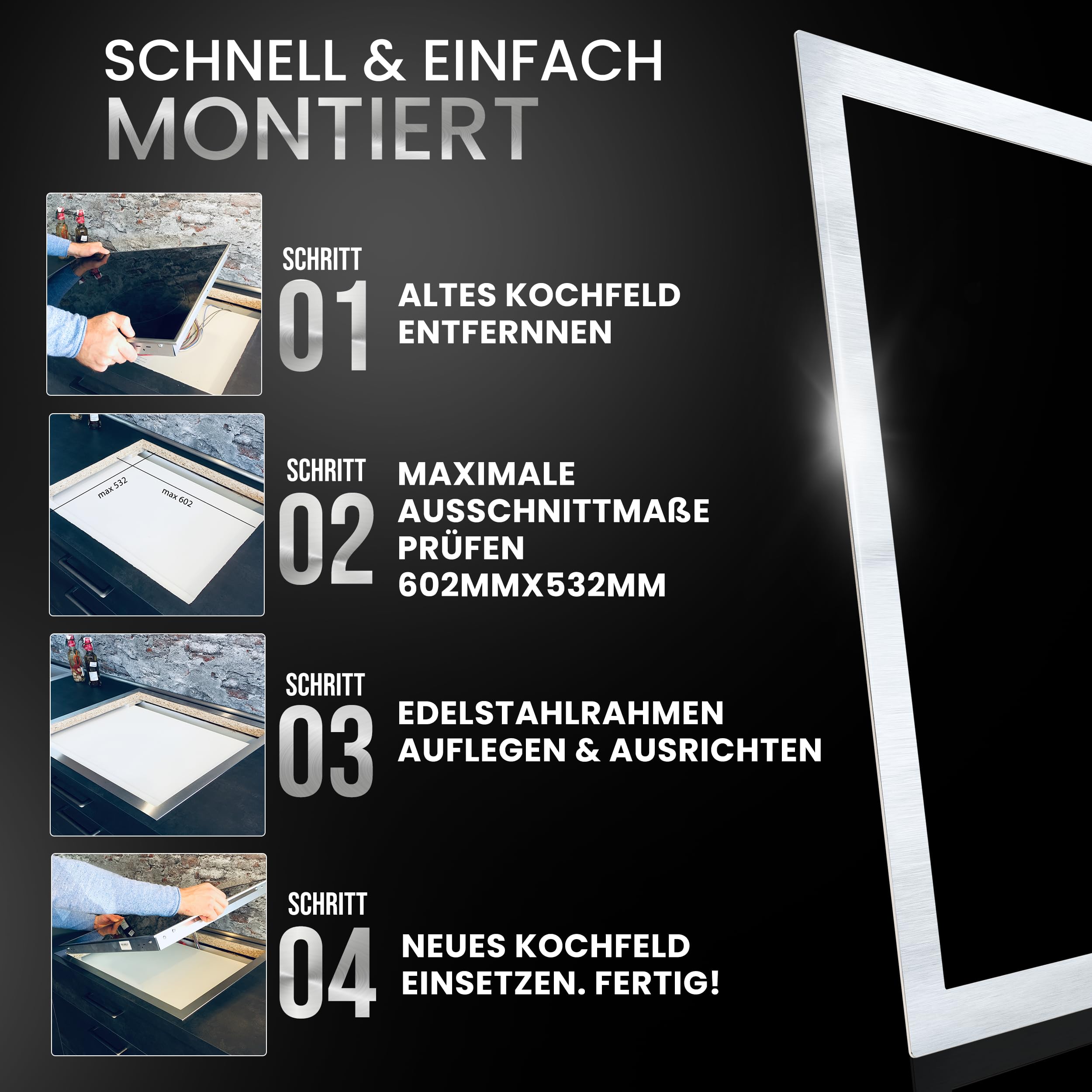 Adapterrahmen Kochfeld - Stabilität ohne Durchbiegen | Adapterrahmen für Kochfelder - Ceranfeld Rahmen, Kochfeld Rahmen und Umrandung für Ceranfeld, Edelstahl, pflegeleicht