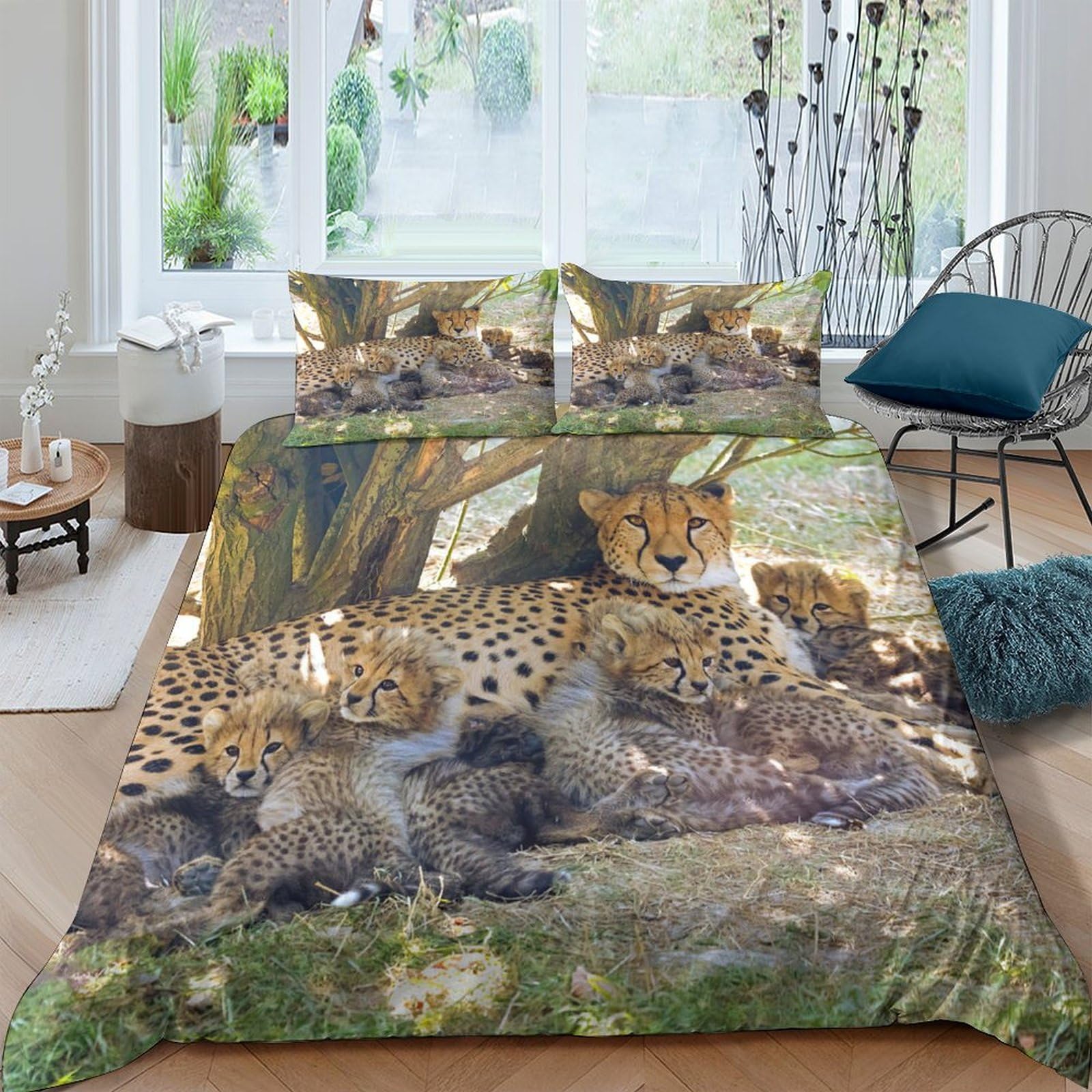 Ctjqhvkz Style-9 3D Printed Jungle Cheetah Fitted Sheet Microfiber Soft Breathable Safari Family Mattress Cover Bedroom Decor Single（135X200cm）