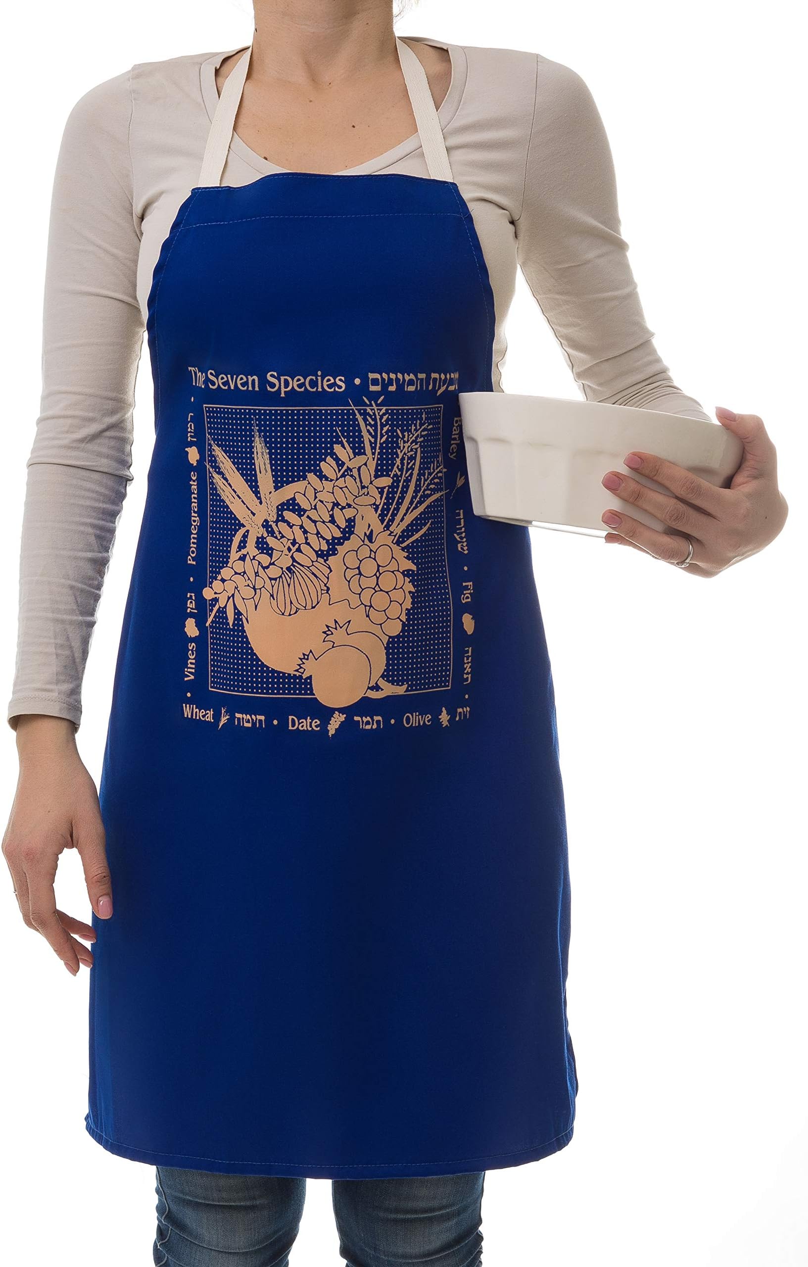 BARBARA SHAW GIFTS Kosher Apron Seven Species Apron Israeli Gifts Made in Jerusalem Biblical Apron, Hostess Gift, Great for Mothers and Grandmothers, Unique Design Easy Machine wash