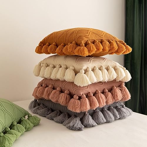 Miniatura 6 de NIDITW Juego de 2 fundas de almohada ultra suaves de punto con textura geométrica bohemia con borlas hechas a mano con borlas hechas a mano, funda