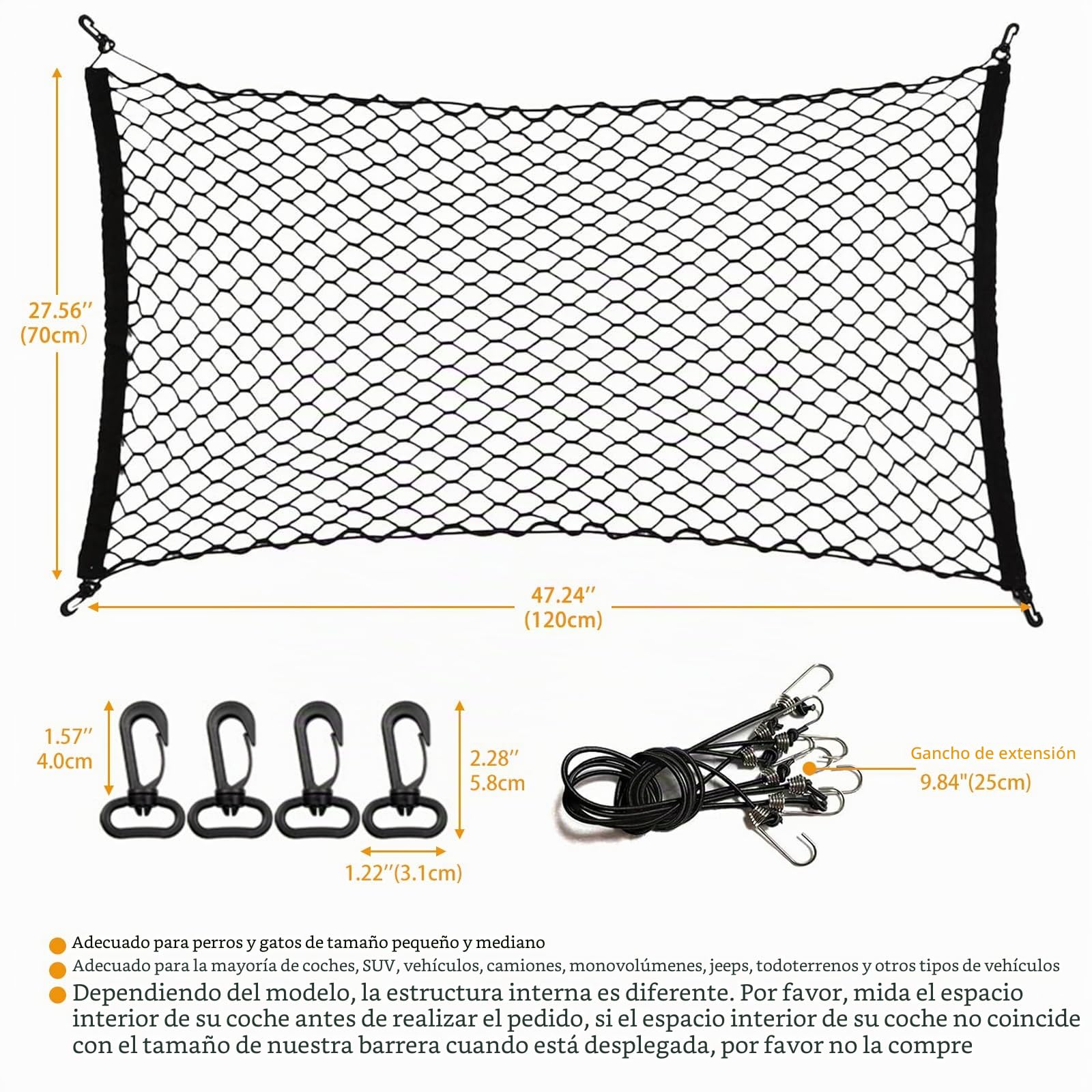 Rejilla para perros para el maletero del coche, red de seguridad para perros, universal, con 4 ganchos, rejilla protectora para SUV, red de retención de mascotas, color negro, 120 x 70 cm