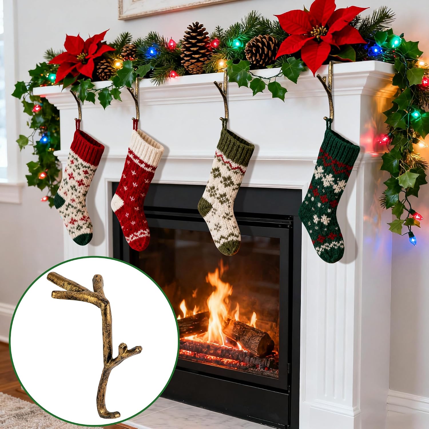 Sfcddtlg 6 Pcs Cast Iron Branch Mantle Hangers, 6 Inch Decorative Christmas Stocking Hangers with Non-Slip Pad, Brown Mantle Stocking Holder for Xmas Holiday Home Party Decoration