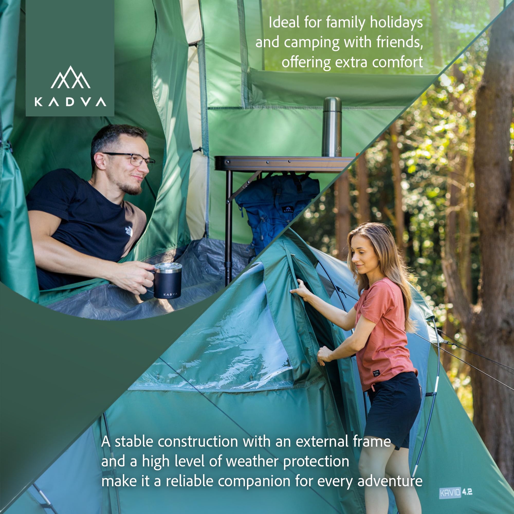 KADVA Tienda de campaña Kavio 4.2, para 4 Personas, con 2 dormitorios, Gran vestíbulo con iluminación, Resistencia al Agua 2000 mm, mosquitera, Marco Exterior Estable, compacta (68 x 30 cm, 11,96 kg)