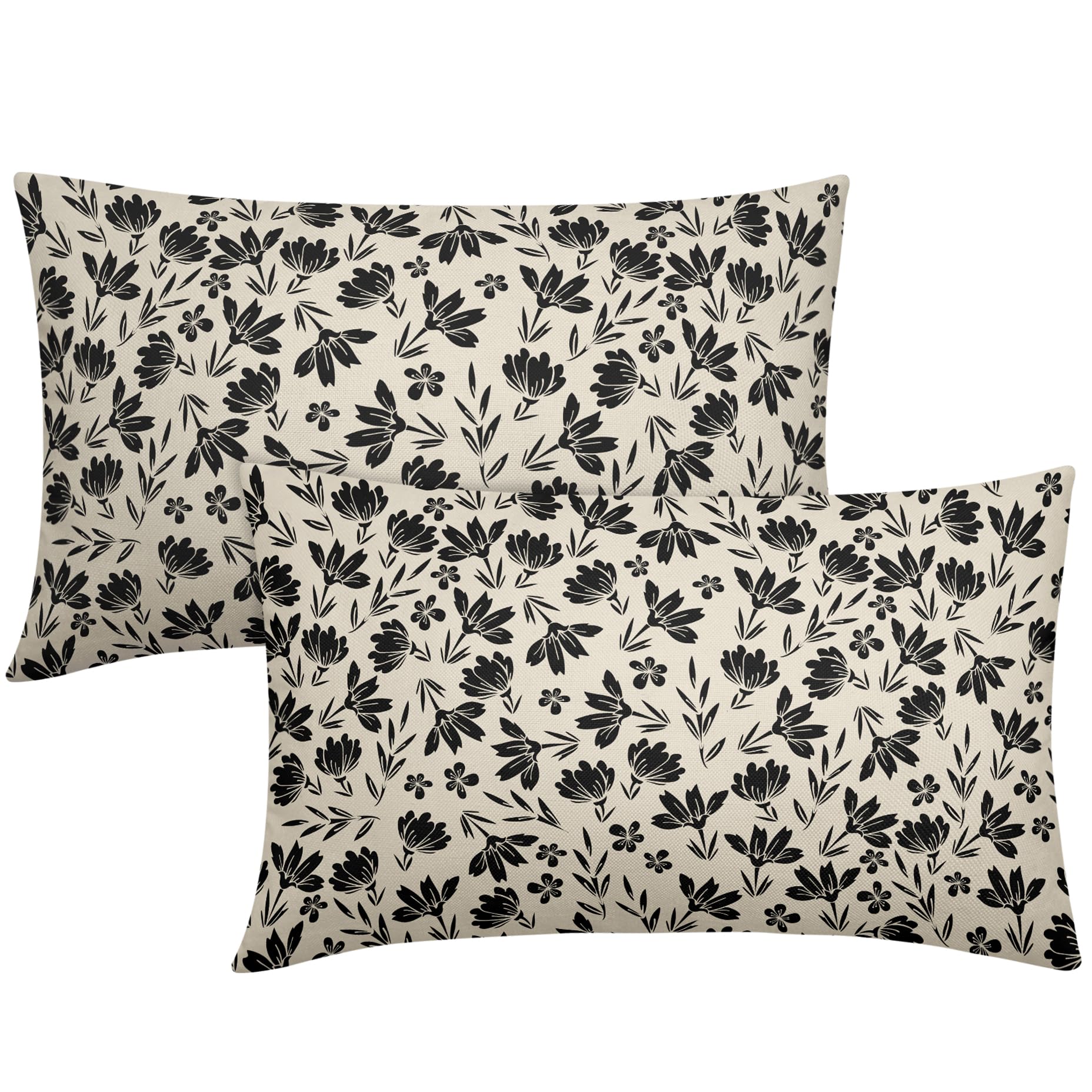 Aytipun Black Floral Pillow Covers 12x20 Set of 2 Vintage Rustic Old Style Cute Small FlowerBlack Cream Print Decorative Outdoor Pillowcases Farmhouse
