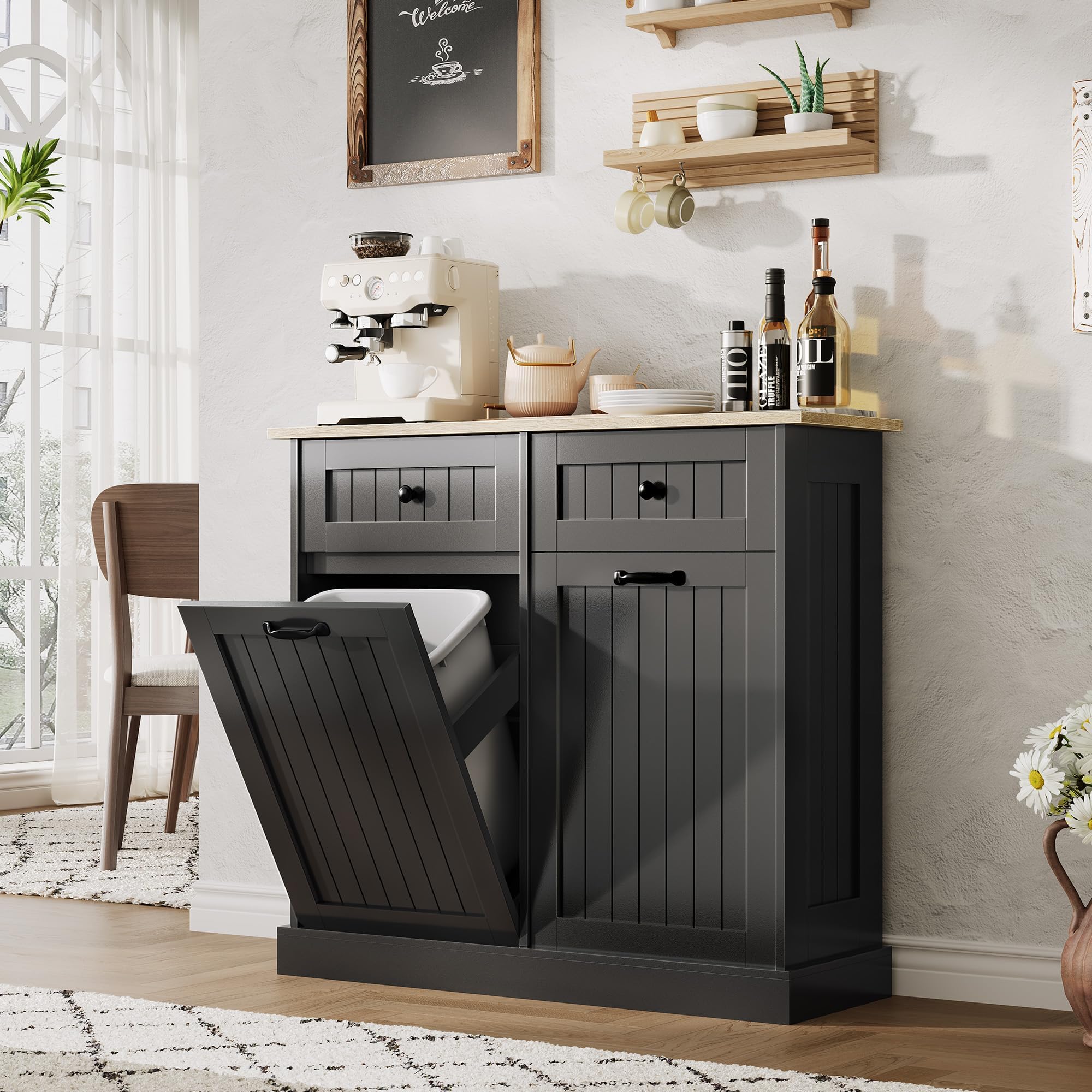 Double Tilt Out Trash Can & Laundry Hamper Cabinet – Elegant Farmhouse Style, Hidden Storage Solution for Kitchen & Bathroom, Holds 2 x 10 Gallon Trash Cans (Black)