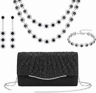 4 Pcs Purse Rhinestone Jewelry Set Prom Jewelry Glitter Bling Clutch Purse Bride Necklace Earrings Bracelets Sparkly Costume Kit for Women Bride Wedding Prom Evening Party