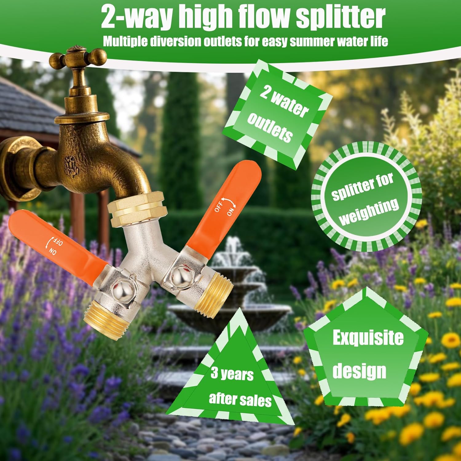 EJW Hose Splitter 2 Way, Garden Hose Splitters, 2 Way Faucet Splitter, Water Spigot Splitter, RV Brass Hose Splitter, Two way Hose Bib Splitter, Double Hose Connector, Hose Valve 3/4 Inch GHT Thread.