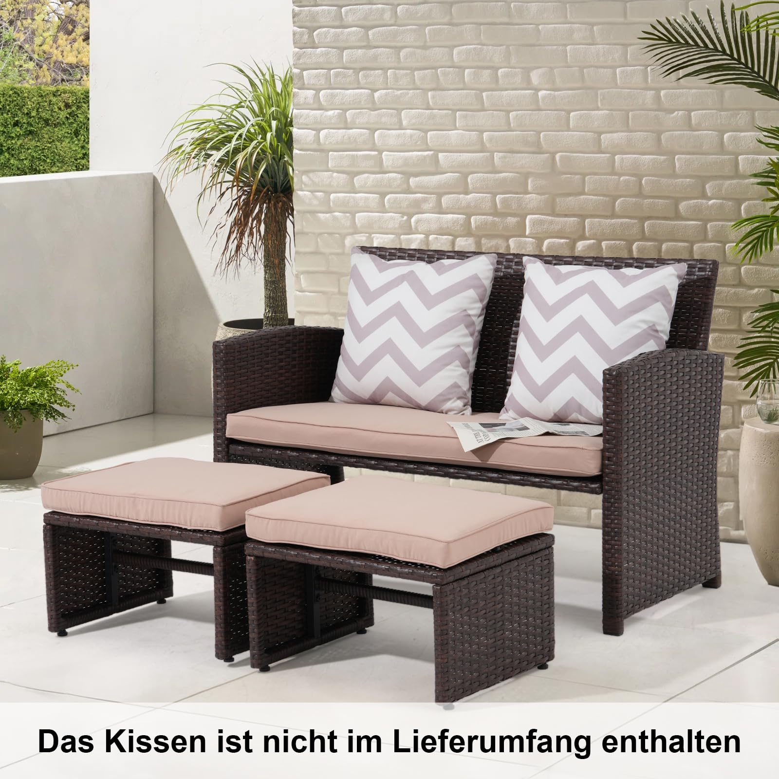 OC Orange-Casual Outdoor Loveseat, 3-TLG Terrassenmöbel-Set, Allwetter Rattan Gartenbank mit 2 Hocker, Braun Rattan&Beige Kissen