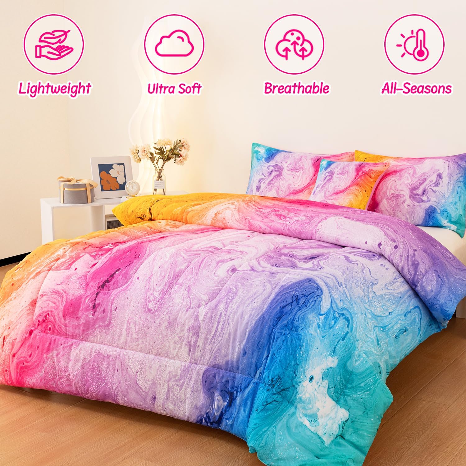 4 Pcs Tie Dye Full Bedding Set for Girls, Watercolor Marble Abstract Art Superior Girls Comforter Sets Full Size, Colorful Teenage Bedding Sets