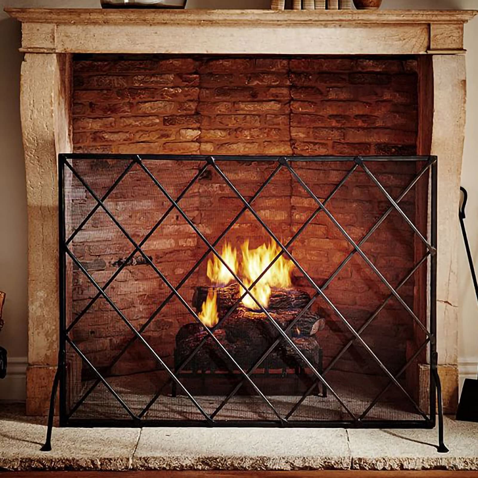 Parafiamma per camino in ferro a pannello singolo, parafiamma autoportante con struttura in ferro battuto, cancello parascintille con rete metallica decorativa, nero (nero 96 x 26 x 72 cm) needed
