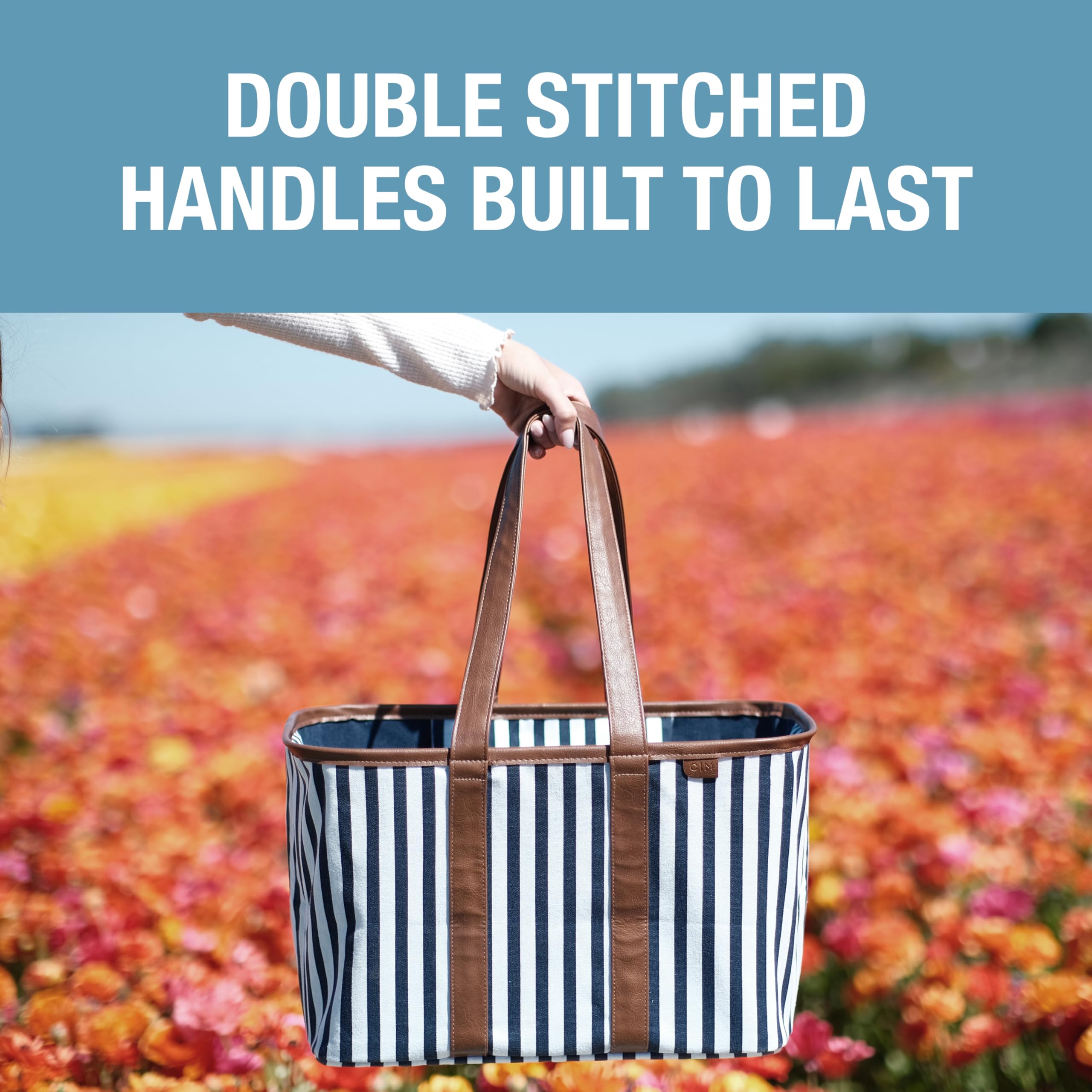 CleverMade Faltbare Luxus-Tragetasche, marineblau, gestreift, 1 Packung, 30 l, wiederverwendbare Einkaufstasche mit Griffen, verstärkter Unterseite