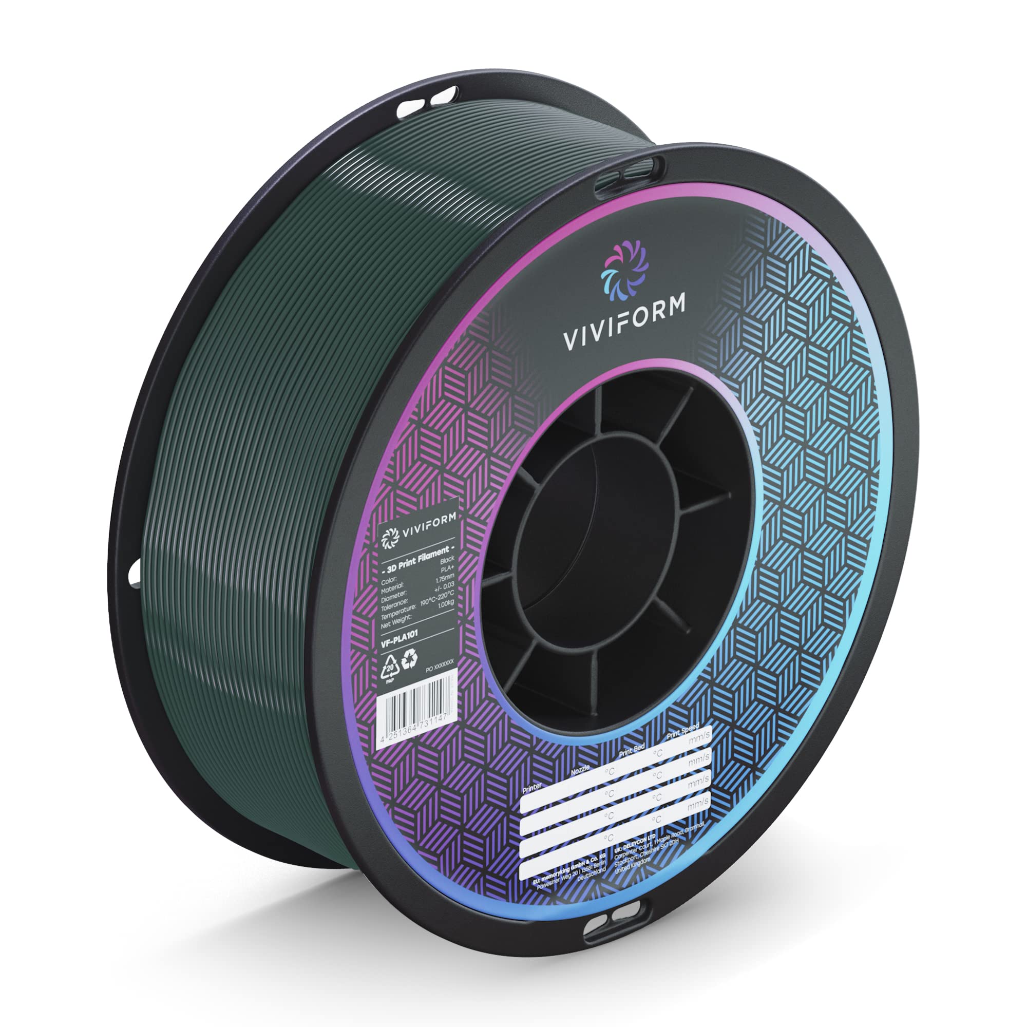 Viviform PLA+ Filament for 3D Printers, 1 kg Roll, Diameter 1.75 mm +/- 0.03 mm, Green, VF-PLA107, 1 kg
