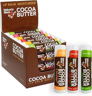 Nature's Bees Cocoa Butter Lip Balm, Lip Care for Dry Lips, Made with Coconut Oil, Beeswax, Vitamin E, Aloe, and Shea Butter, 0.15 oz Each, 3 Flavors Coconut, Cherry, and Mint, 24 Pack