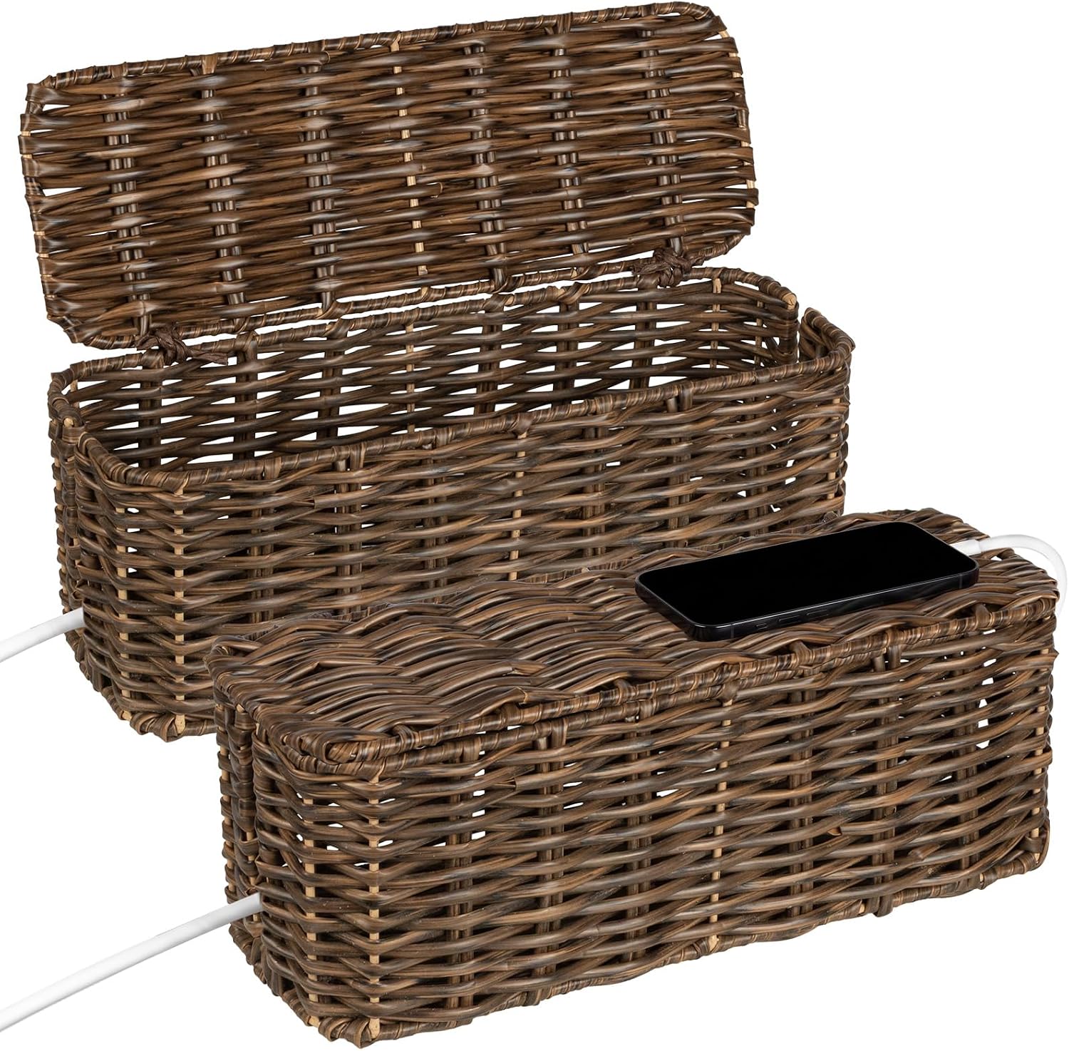 2 Pack Handwoven Cable Management Box with Lid, Decorative Cord Organizer for Power Strips, Chargers, TV Wires, Desk, Home & Office Storage, Plastic Rattan Tube