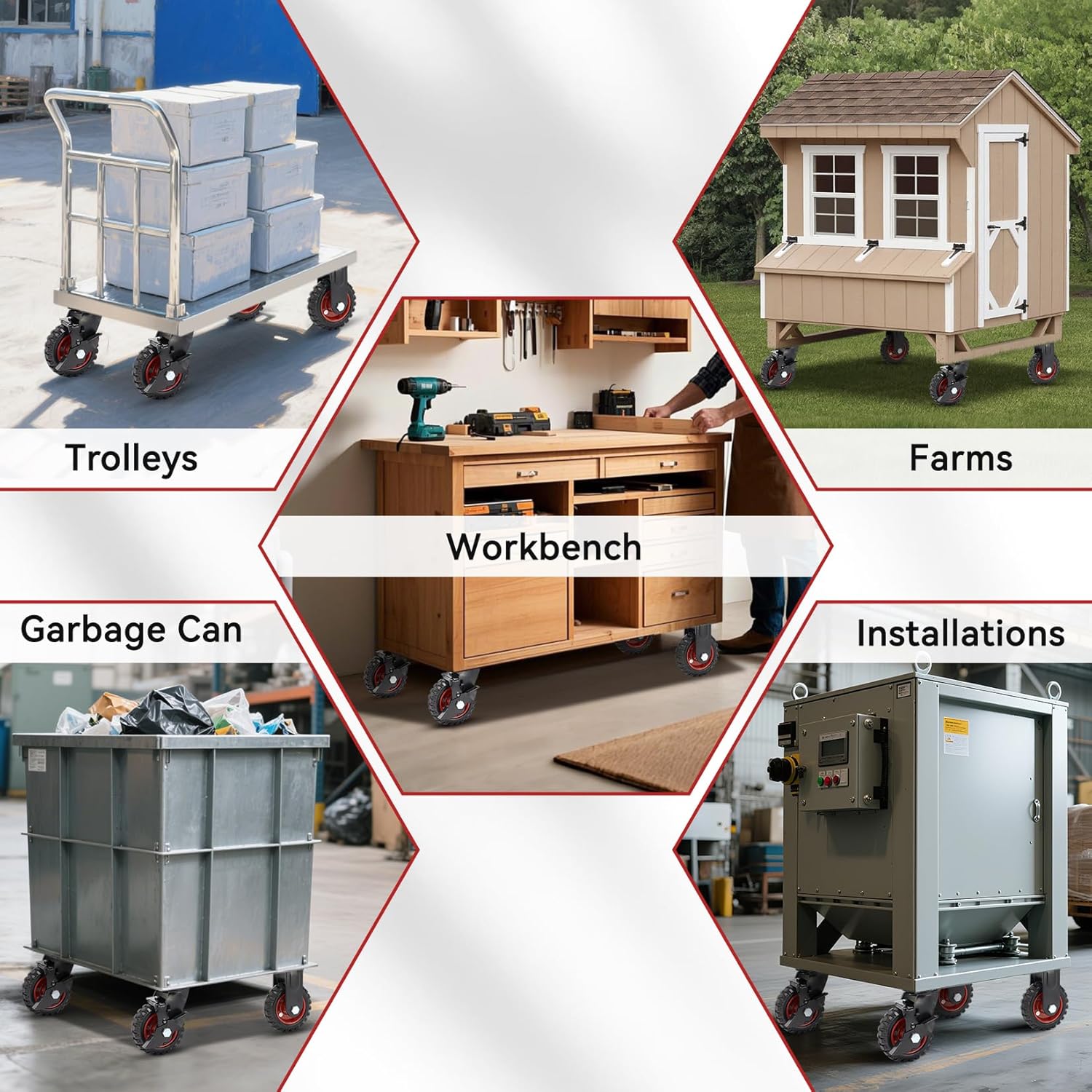 Nefish 5 Inch Heavy Duty Casters Set of 4, Solid Rubber Outdoor Casters Wheels, Industrial Grade Rubber Castors with Knobby Tread for Cart, Wagon and Chicken Coop (2 Brake & 2 Rigid)