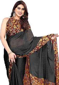 MIRCHI FASHION Women's Chiffon Ajrakh Border Pallu Pririnted Solid Saree with Blouse Piece