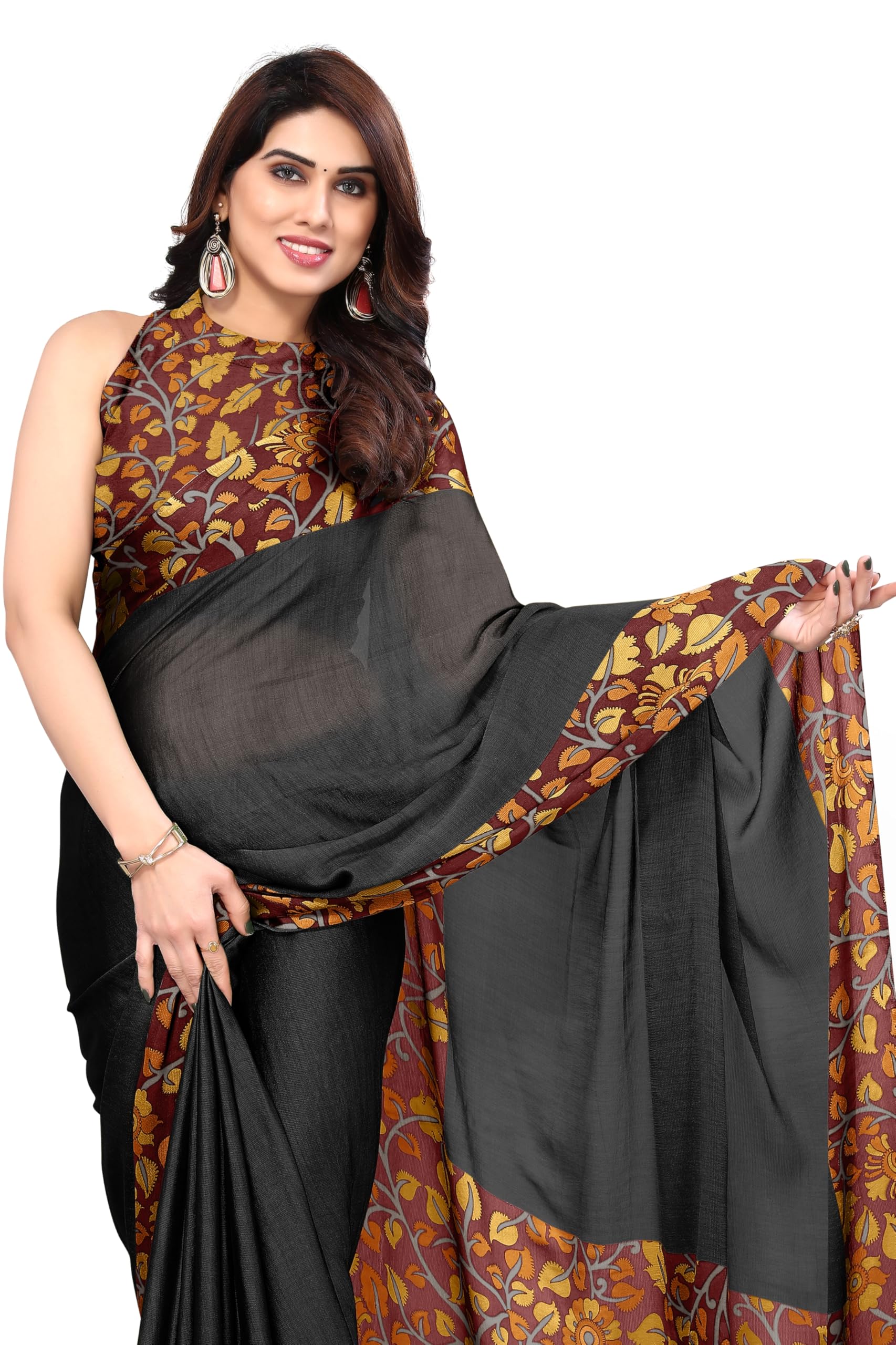 MIRCHI FASHION Women's Chiffon Ajrakh Border Pallu Pririnted Solid Saree with Blouse Piece