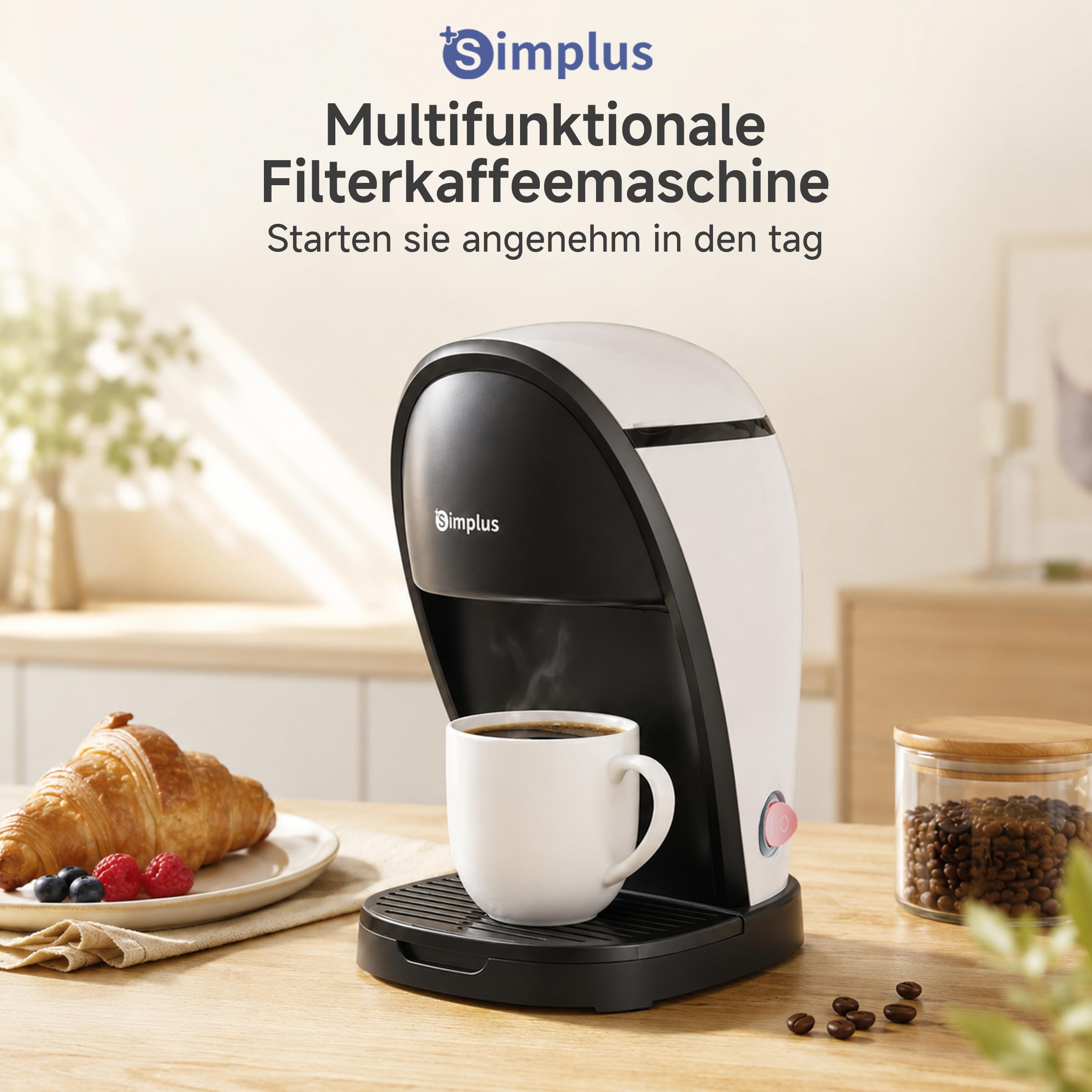 SIMPLUS Mini Filterkaffeemaschine für 2 Tassen, Kleine Kaffeemaschine mit Dauerfilter, 250ml Wassertank, 4-Minuten Brühzeit, Ein-Knopf Bedienung, Kompakte Kaffeemaschine für Büro, Küche