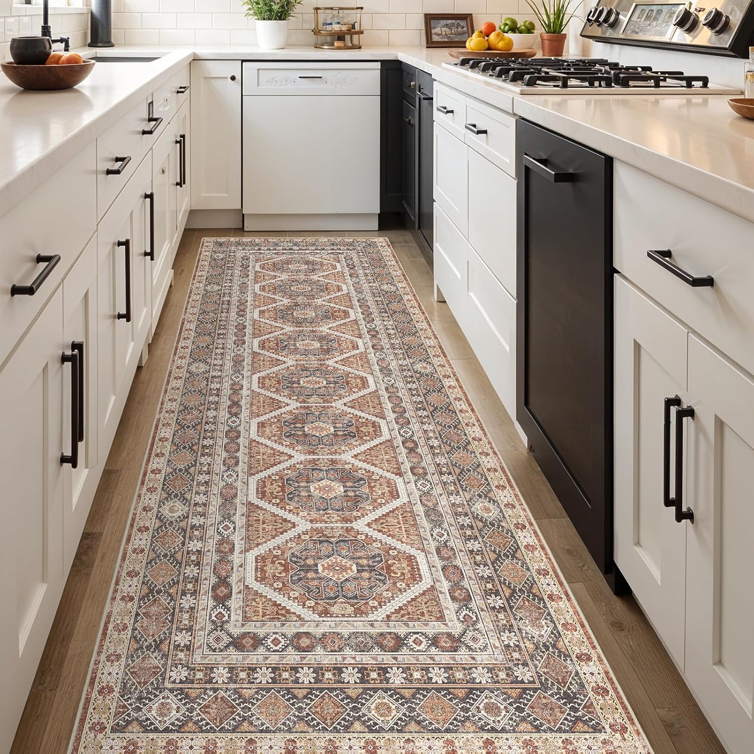 3x10 Runner Rug Kitchen Washable: Oriental Indoor Hallway Runners with Non Slip Backing Floor Mat for Entryway Door Low Pile Thin Carpet for Bedroom Bathroom Living Room Bedside Brick