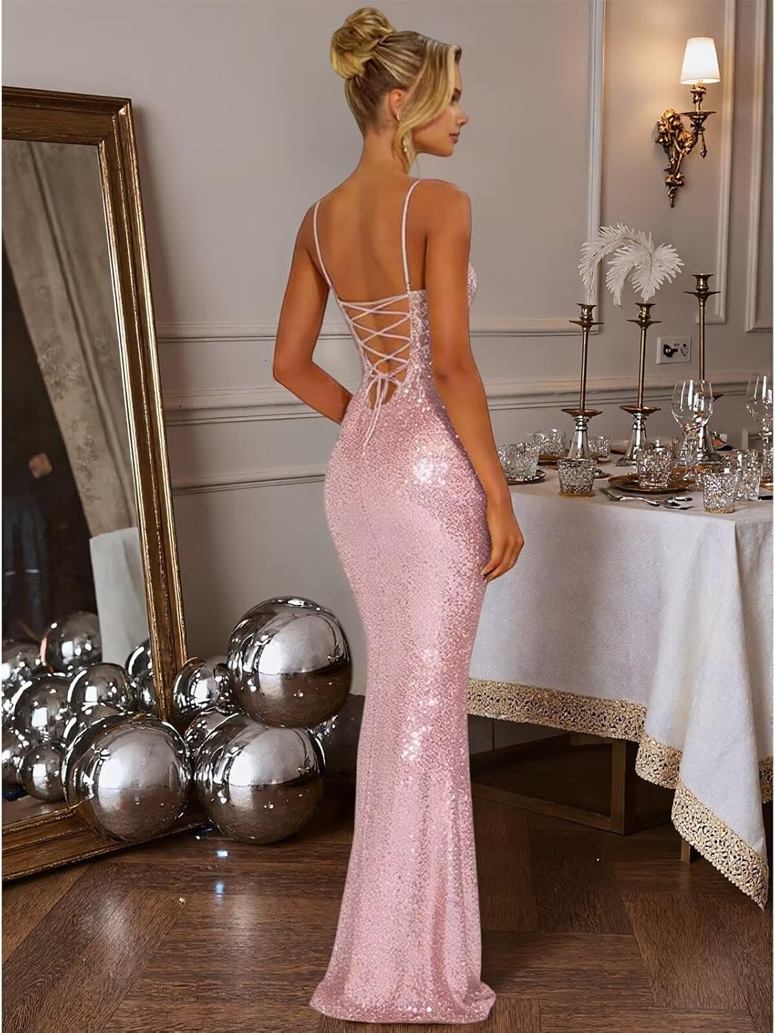 Sparkly Sequin Prom Dresses Long for Women Spaghetti Straps Mermaid Formal Dress with Slit
