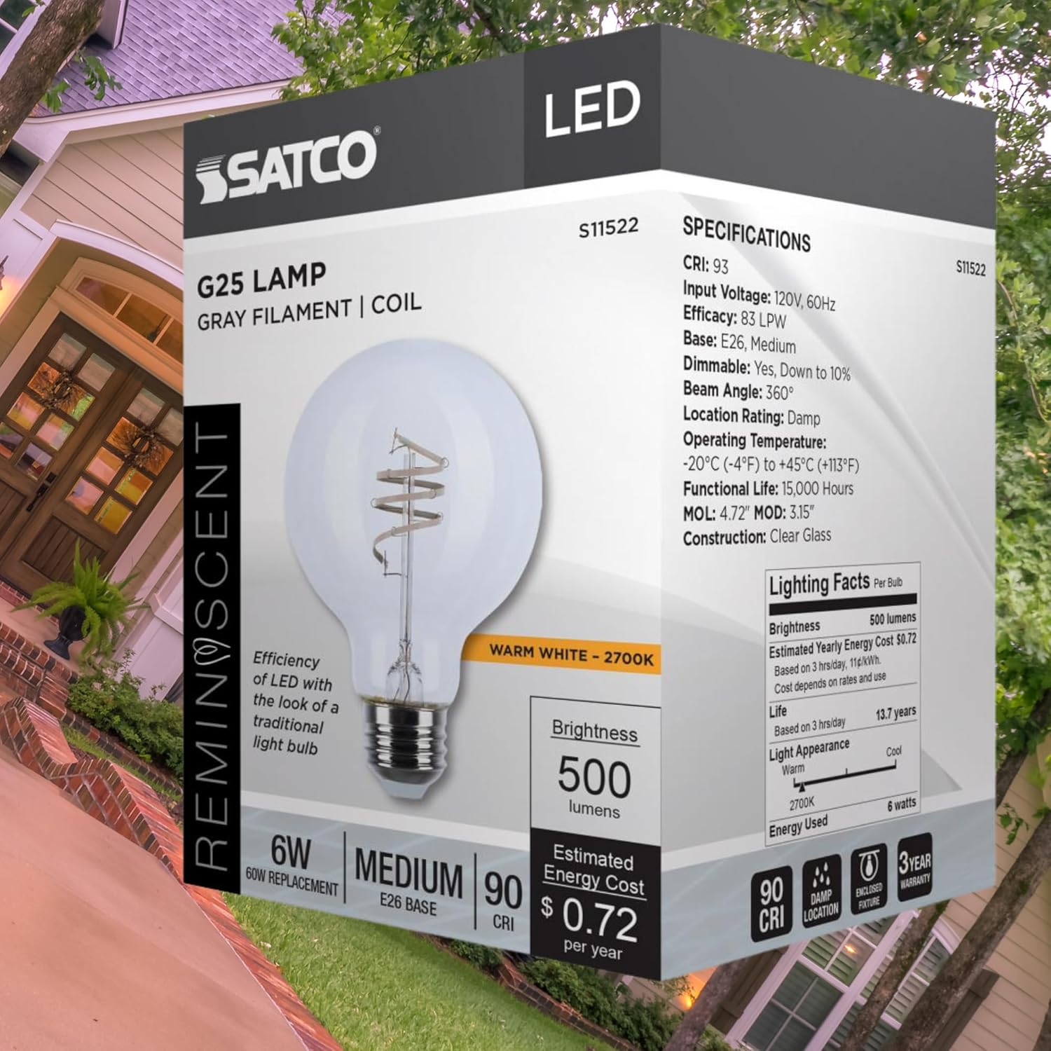 Satco S11522 LED Bulb, 6W (60W Eq), G25 Vintage Globe, Flex Gray Coil Filament, 2700K Warm White, E26 Medium Base, Dimmable, Clear Glass, 500 Lumens, 120V, Enclosed Rated (6 Pack)