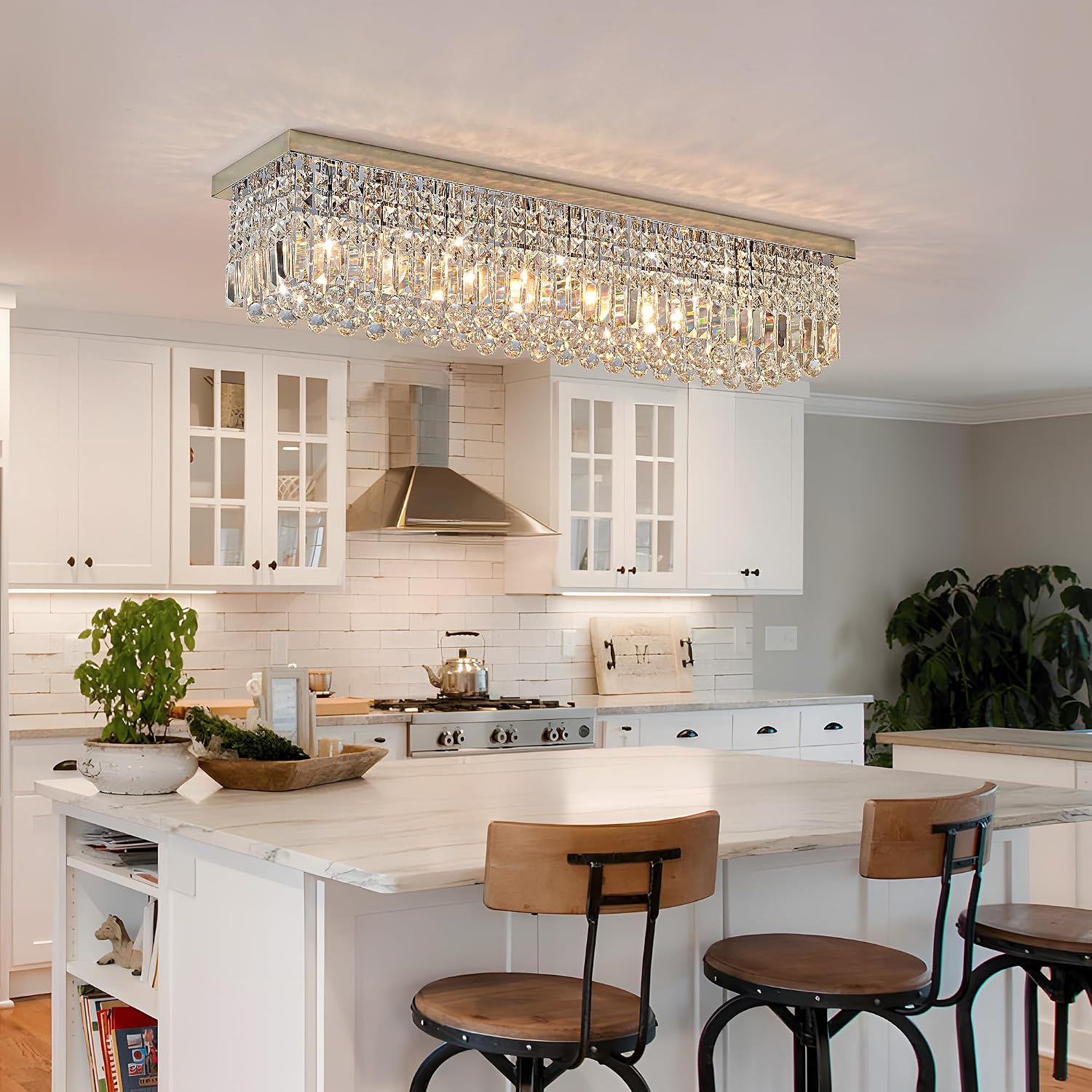 Crystal Chandelier for Dining Room 39.3" Modern Gold K9 Crystal Rectangle Chandeliers Flush Mount Pendant Light Fixture Kitchen Island Bar Dining Room Bedroom Bathroom Hotel