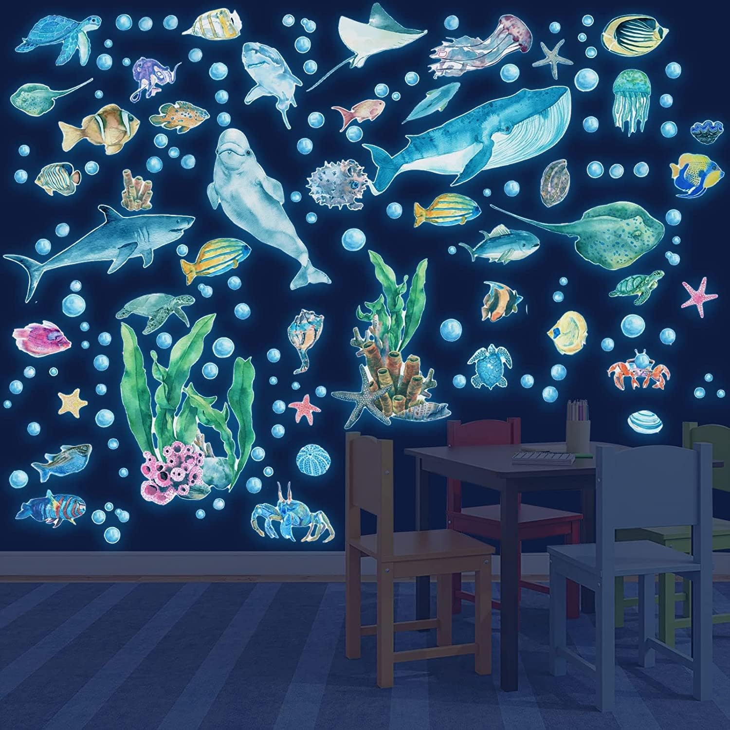 Glow in The Dark Ocean Fish Wall Decals,Under The Sea Wall Stickers Decals Decor Luminous Sea Life Animals Waterproof Stick Wall Decal for Kids Boys Bedroom Watercolor Creatures Decor (Ocean)