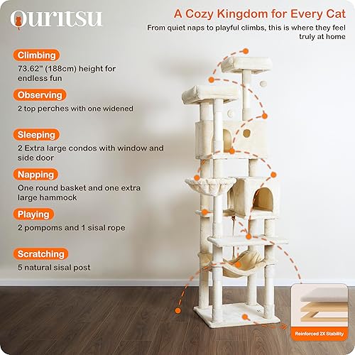Miniatura 9 de Ouritsu Árbol para gatos, torre para gatos de 73.62 pulgadas de alto para gatos grandes en interiores, dos perchas superiores, una ampliada, dos