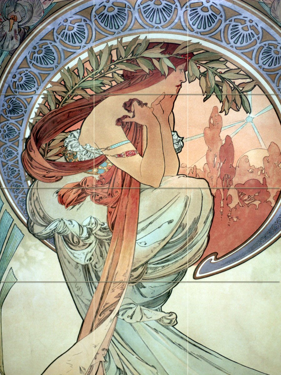 Poster Girl Sunset Decoration by Alphonse Mucha Tile Mural Kitchen Bathroom Wall Backsplash Behind Stove Range Sink Splashback 3x4 6