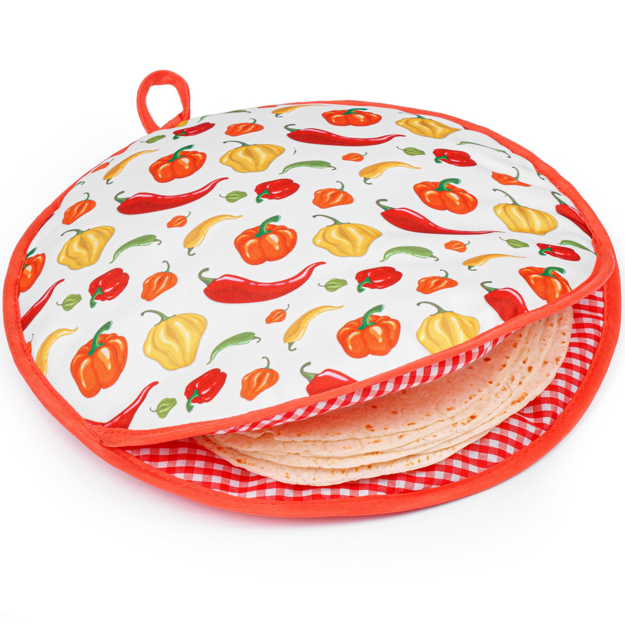 PixiPy Tortilla Warmer Pouch (Peppers, 12 Inch), Microwavable Fabric Tortilla Heater Pouch to Keep Tortillas Soft & Warm, Insulated Heat Keeper for