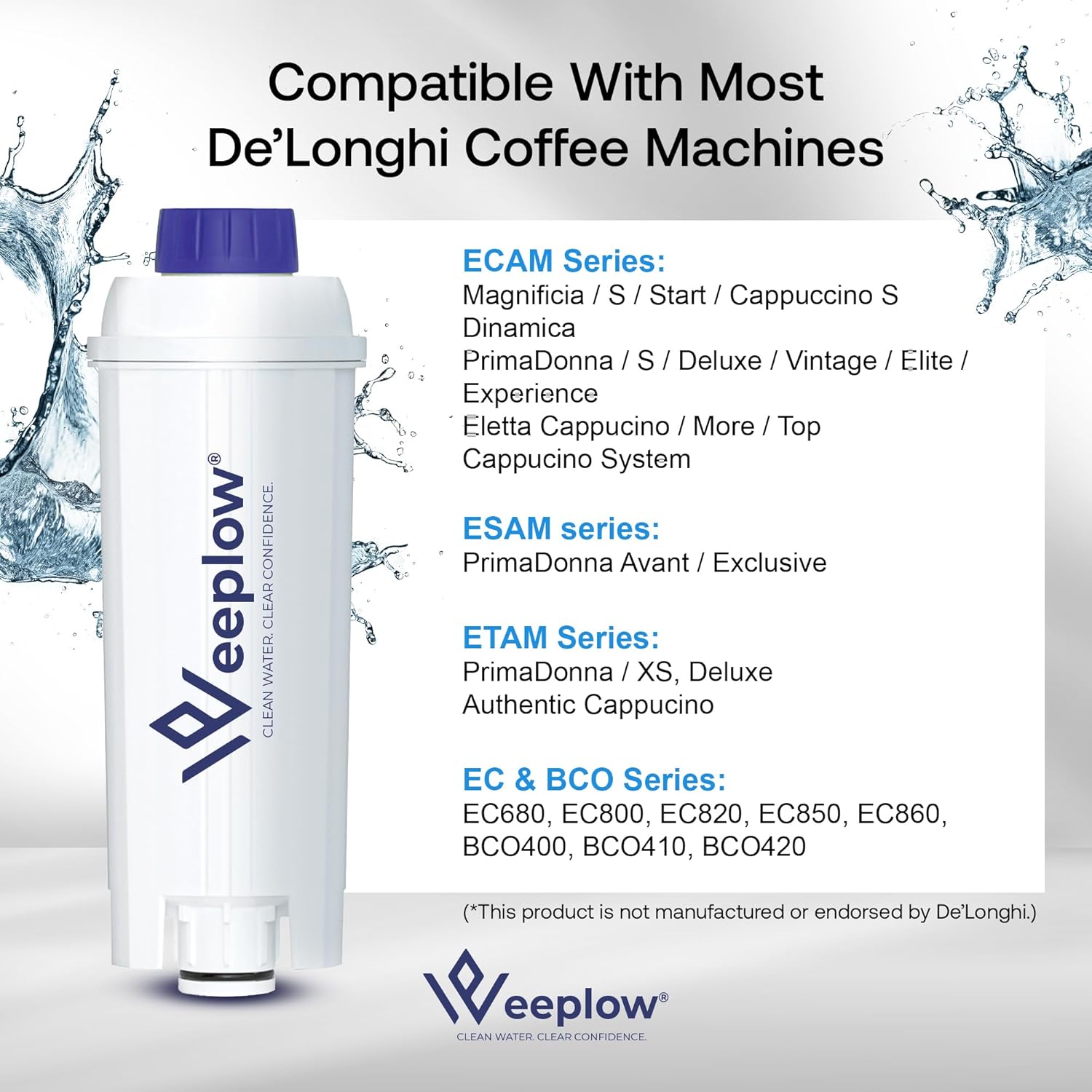 WEEPLOW® – 4-Pack Water Filters Compatible with De’Longhi Coffee Machines Magnifica, Dinamica, Autentica, PrimaDonna – ECAM, ESAM, ETAM, BCO & EC Series