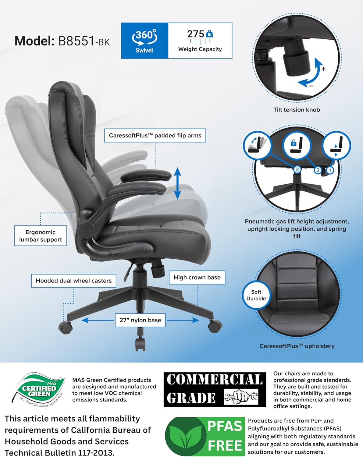 Boss Office Products Executive High Back CaressoftPlus Flip Arm Chair in Black