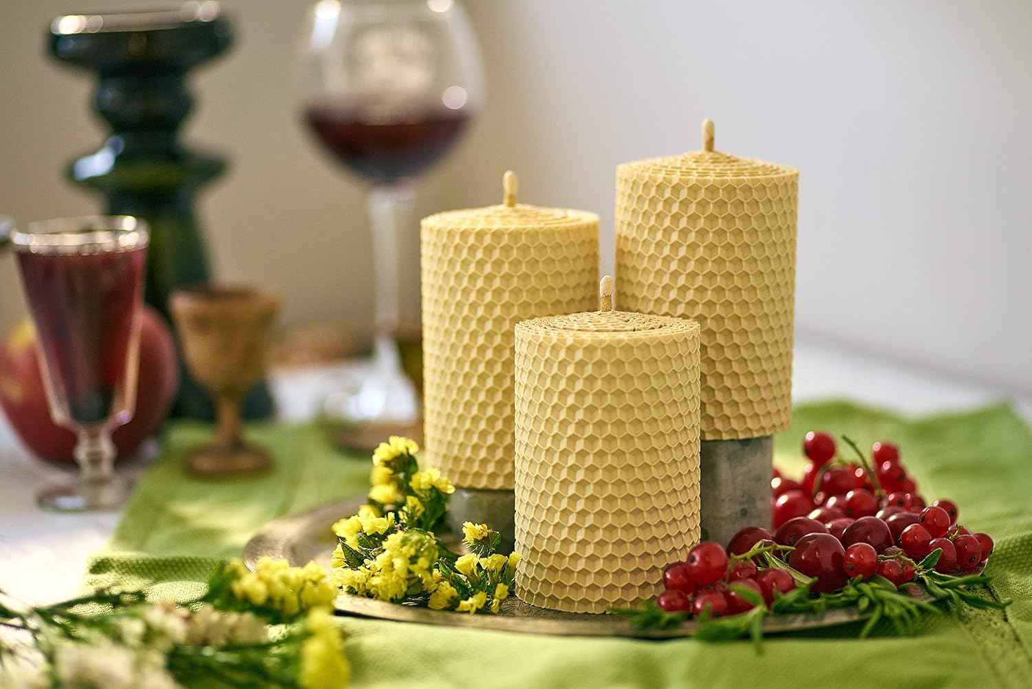Ivory Beeswax Candle Gift Set. 3 Colored Beeswax Pillar Candles With Natural Honey Scent and Hand Made Honeycomb Charm for Gift and Home Decor (White Candles, 3 pcs, Size 3.3 x 1.8 in) Made in Ukraine