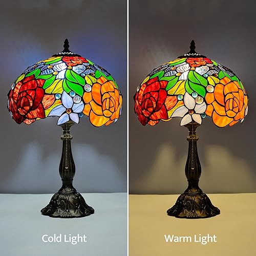 Miniatura 5 de Tiffany Style Stained Glass Table Lamp, Floral Pattern Desk Light with Antique Bronze Resin Base, Red Roses Decorative Lighting for Bedroom, Living